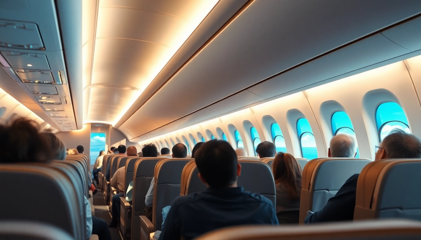 Enjoying a flight in a luxurious airplane cabin with serene ambiance and spacious seating.