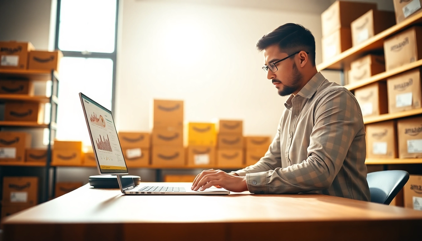 Analyze data on amazon fba wholesale as a professional seller with products in the background.