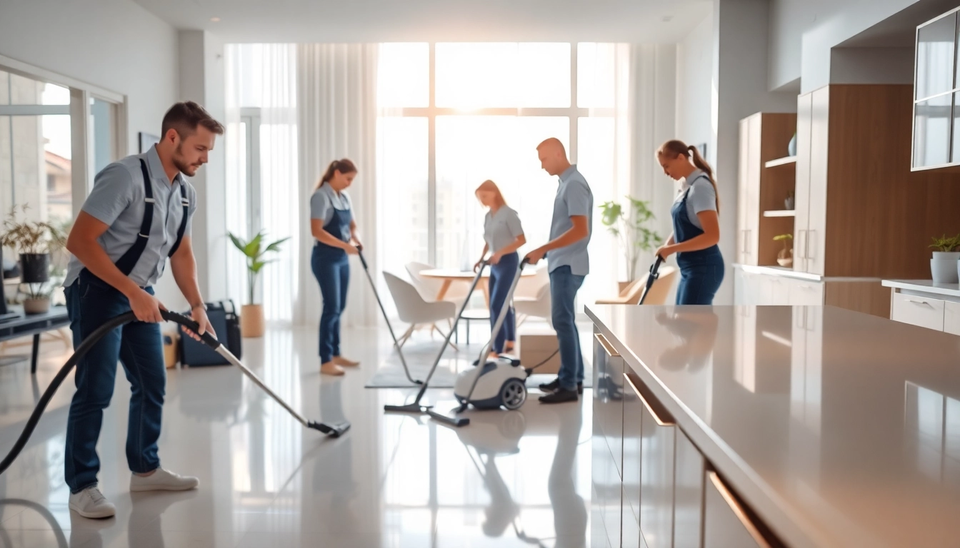 Bond cleaning service team actively cleaning a bright apartment, showcasing efficiency and professionalism.