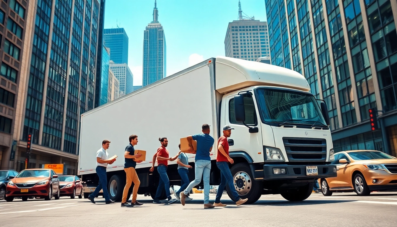 NYC movers efficiently working together with a modern truck in the bustling city backdrop.