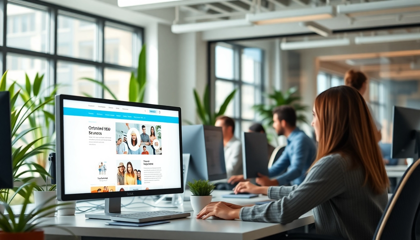 Showcase of web design and seo services with a diverse team collaborating in a modern office.