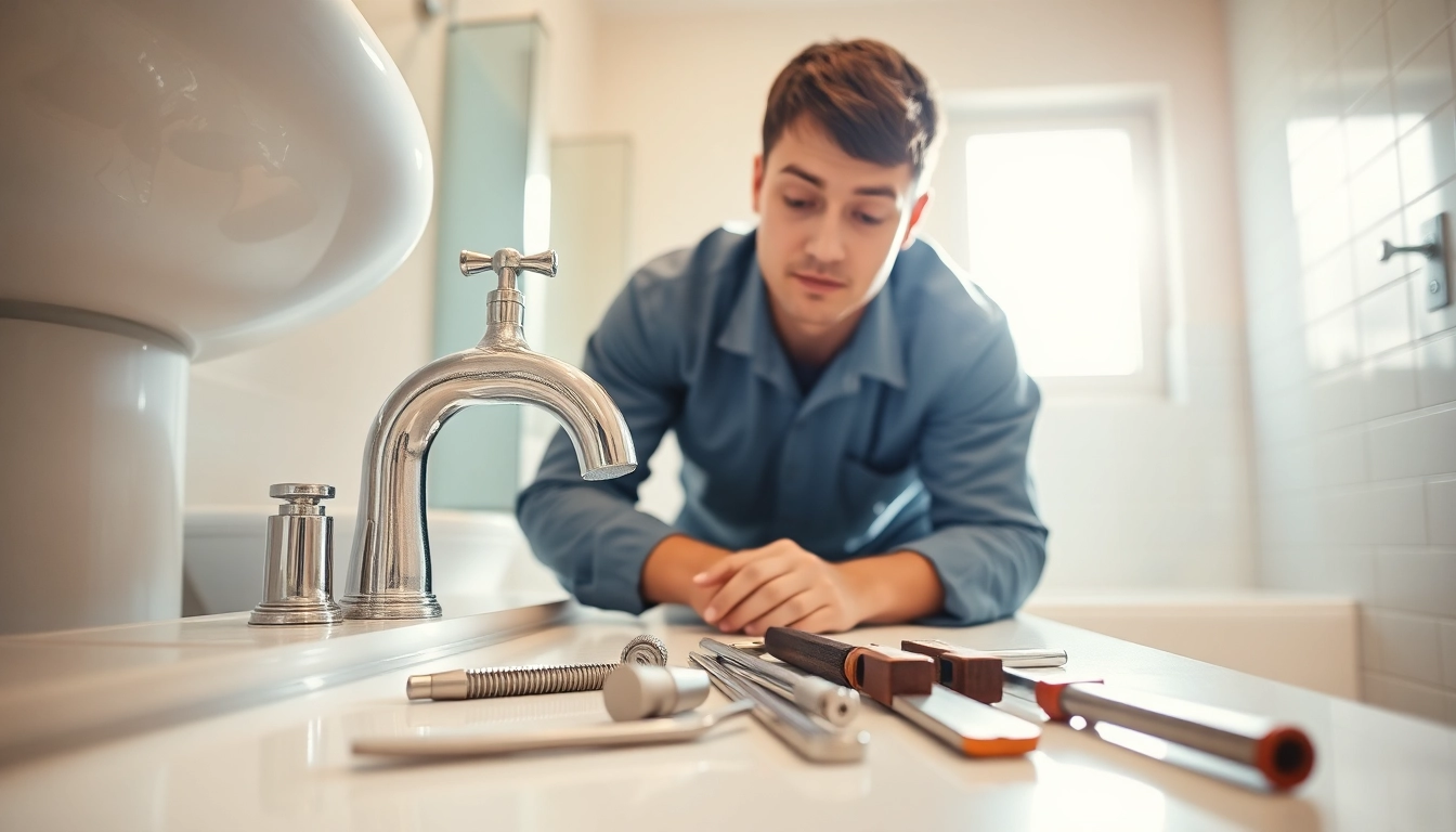 Plumbers in bristol repairing a faucet in a modern, well-lit bathroom.
