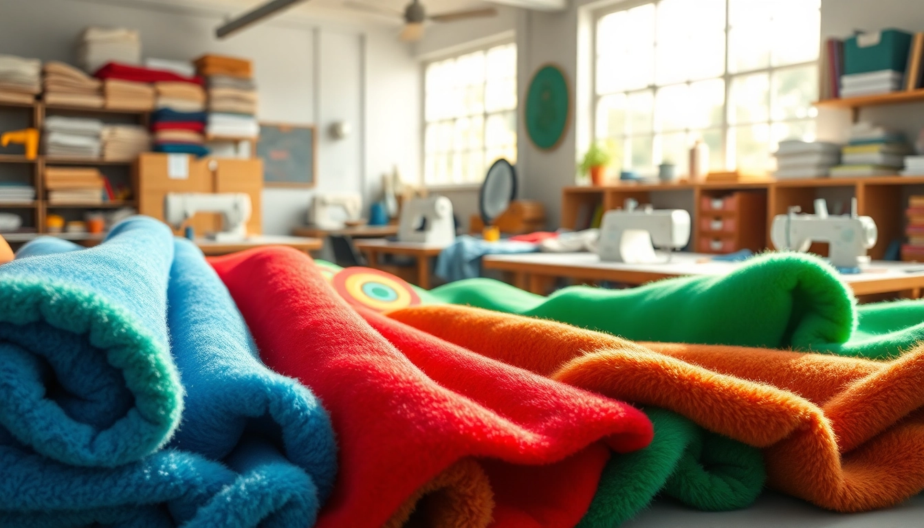 Fleece stof met verschillende kleuren en texturen in een creatieve naaikamer.