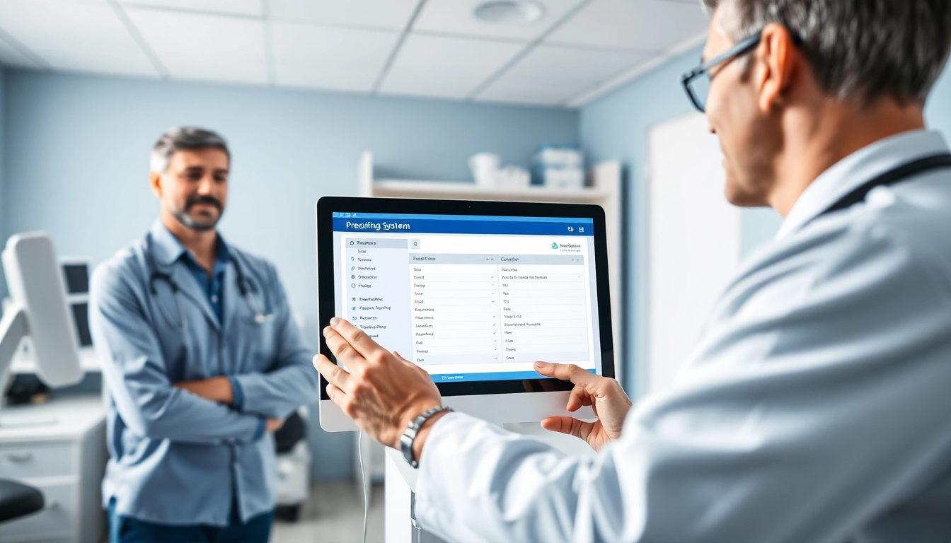 Illustration of electronic prescribing systems demonstrated by a doctor in a healthcare setting.