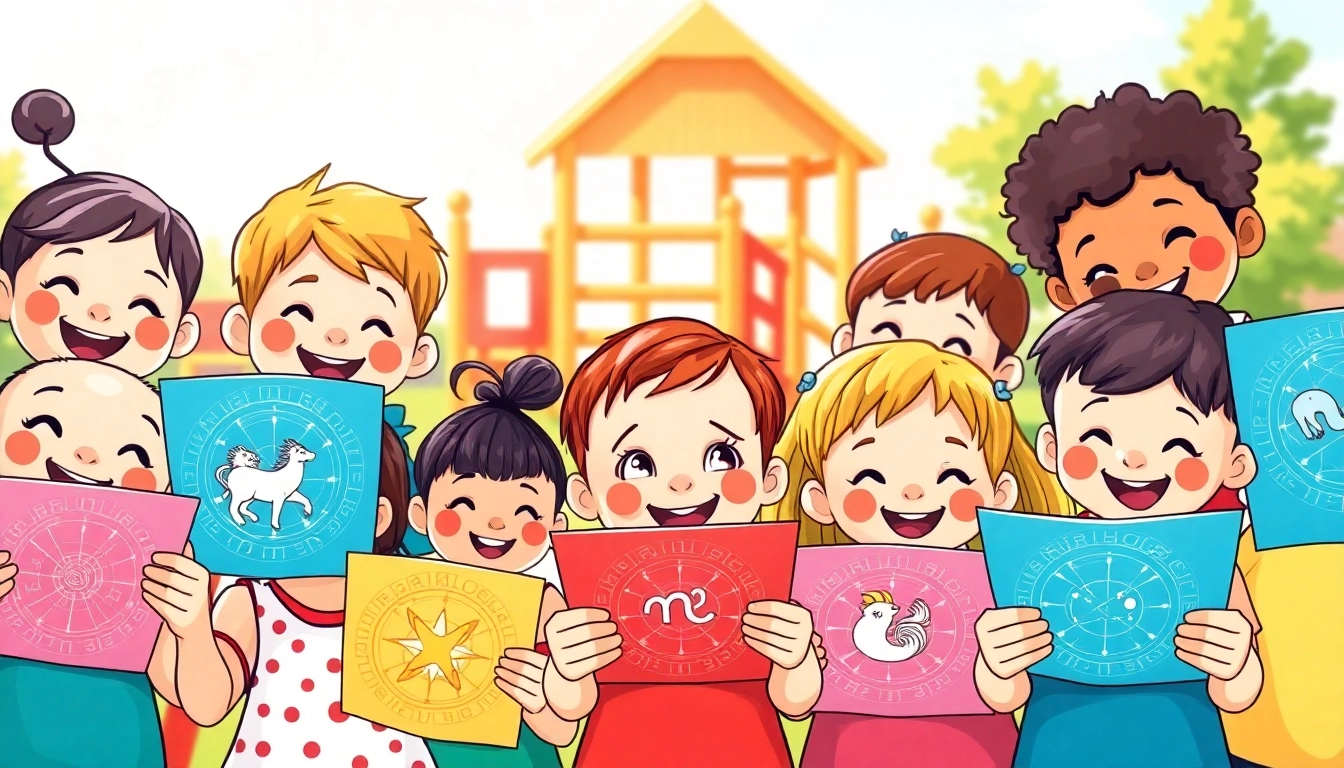 Discovering Kinderhoroskop charts brings joy to children in a vibrant playground.