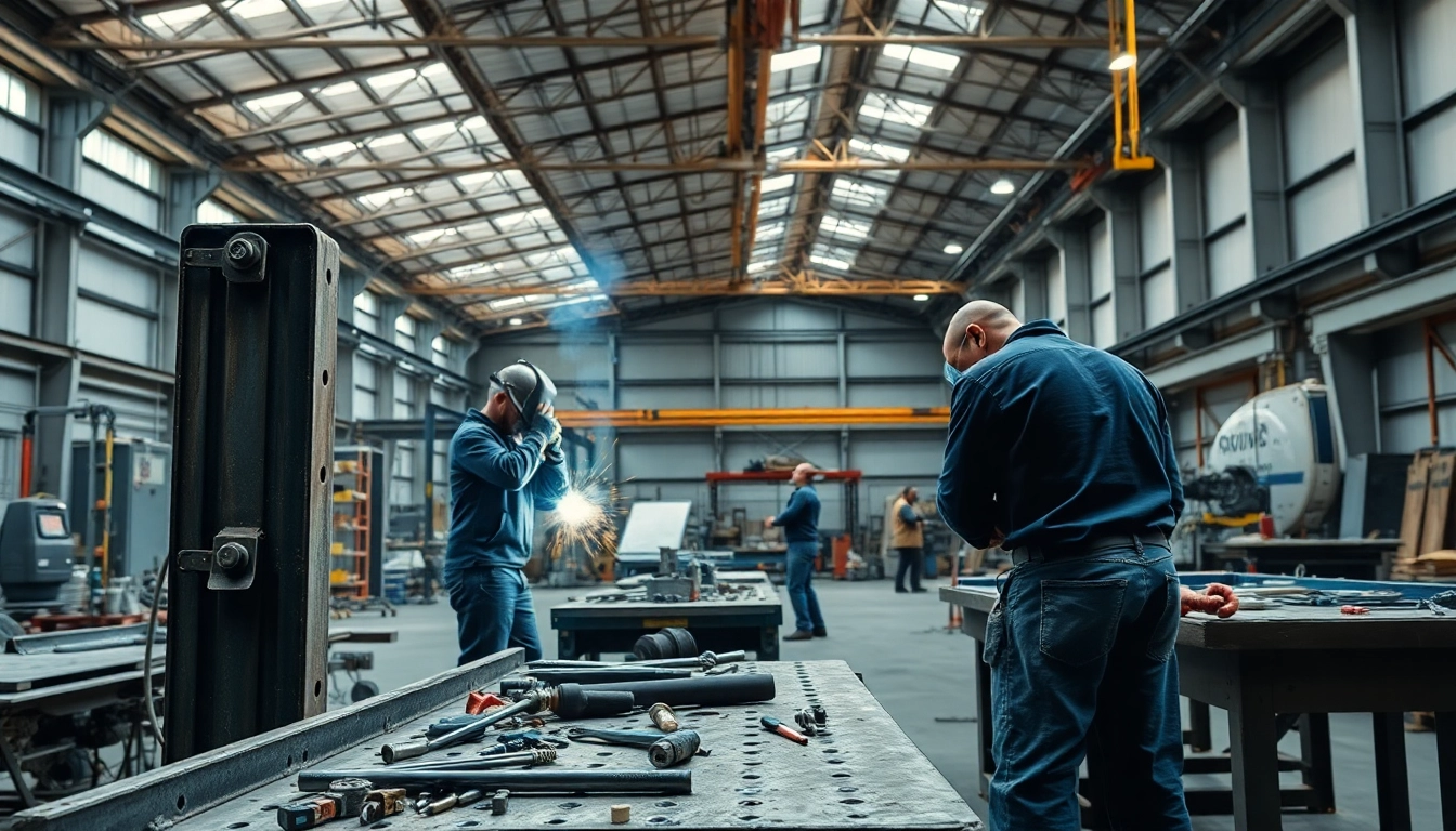 Workers collaborating in a steel fabrication shop, showcasing intricate welding and assembly processes.