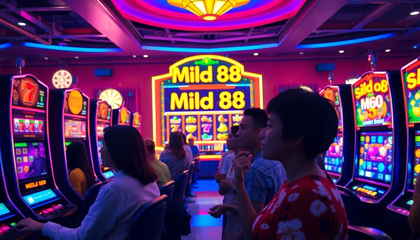 Menggambarkan suasana kasino dengan pemain menikmati mild88 slot yang menarik.