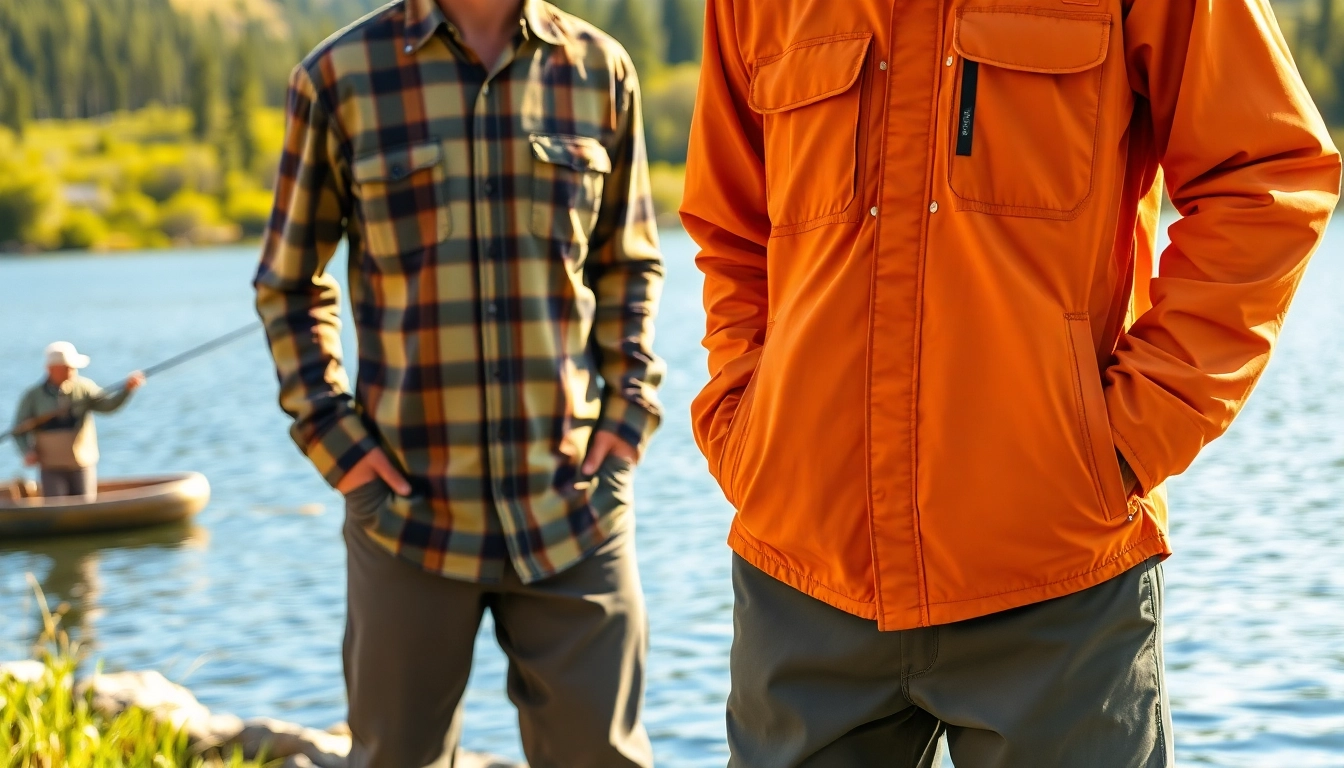 Showcasing premium Fly fishing apparel for outdoor enthusiasts in a picturesque lakeside environment.