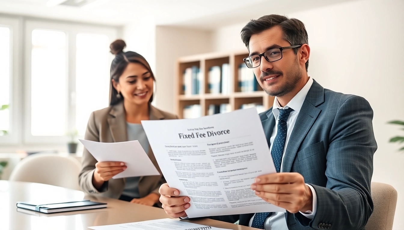 Attorney explaining Fixed Fee Divorce options in a warm, professional office environment.