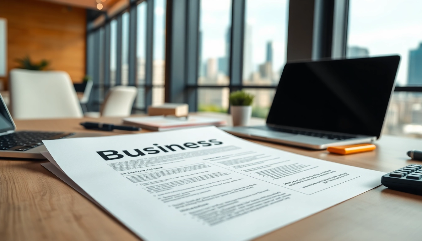 Evaluate your business plan on a modern desk with a laptop and skyline view.
