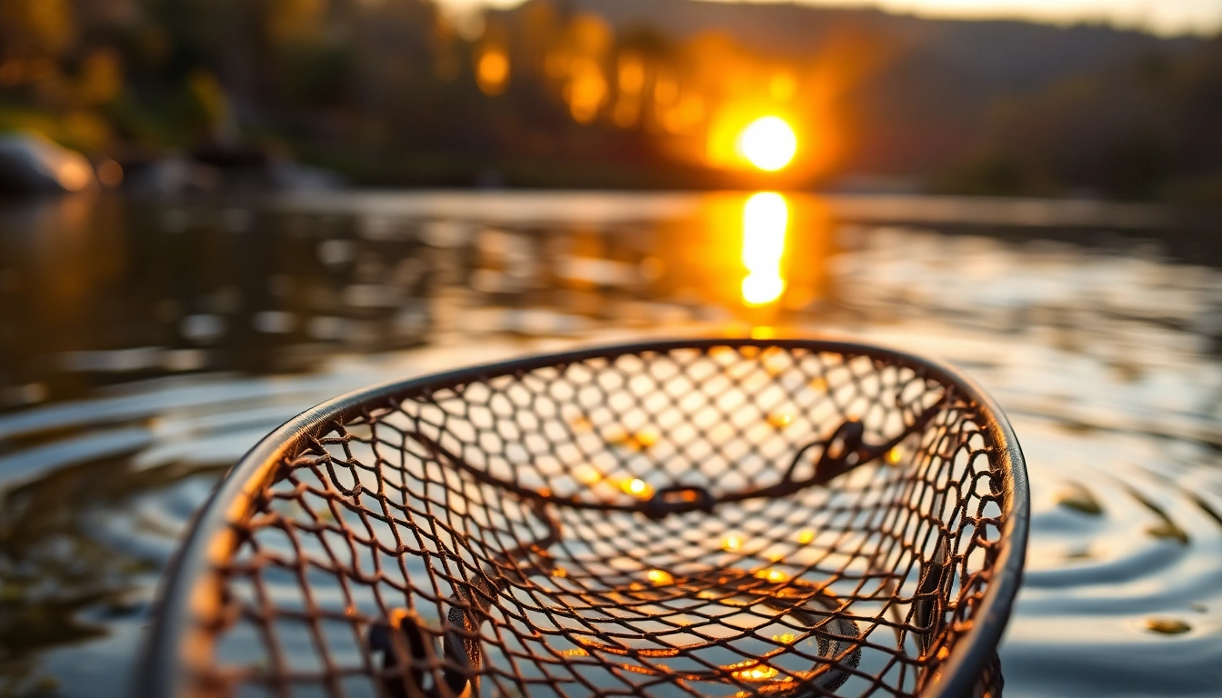 Fly fishing net showcasing intricate details at a serene riverside.