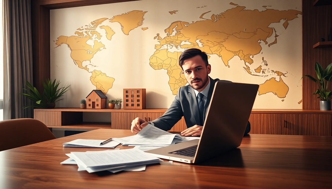 Explore international real estate investing with a professional at a modern office setting.