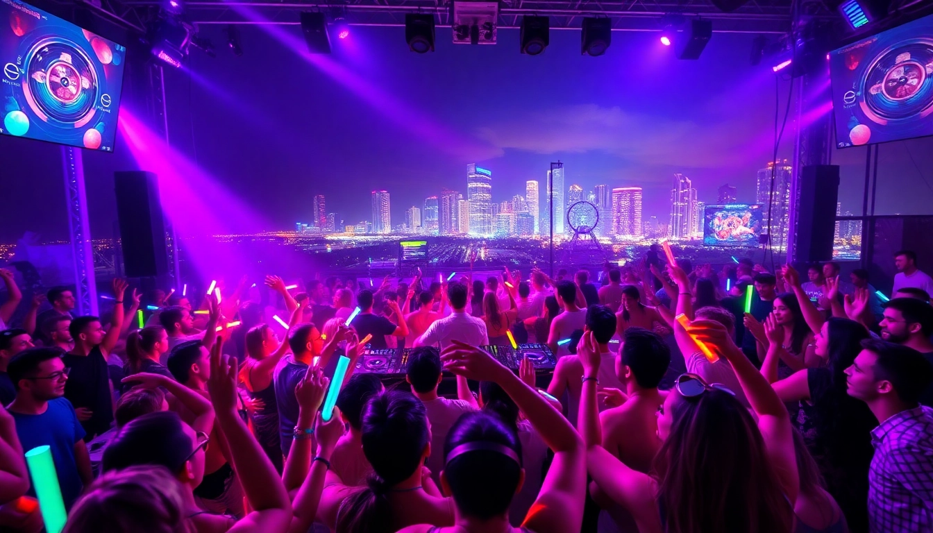 Dancers at a Miami rave illuminated by colorful lights, showcasing the vibrant nightlife atmosphere.