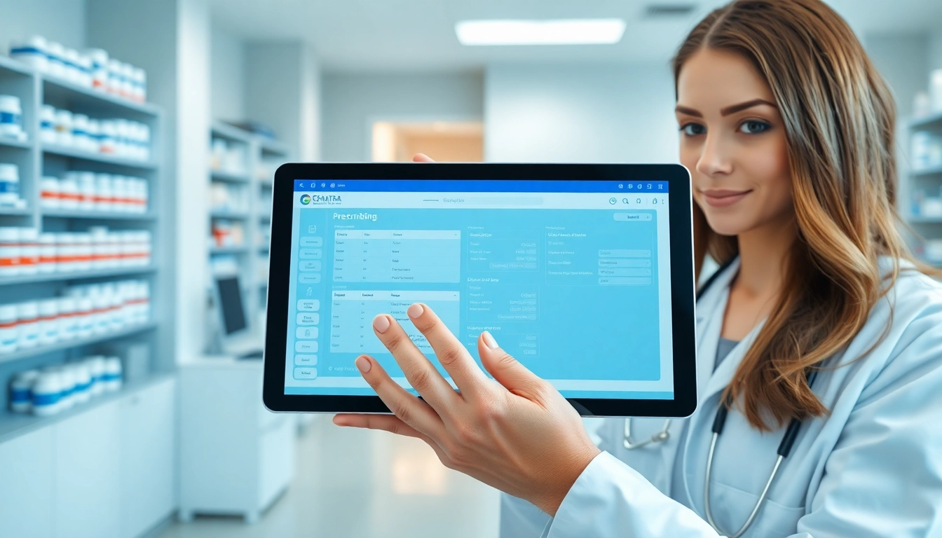Streamlined electronic prescribing systems interface utilized by a healthcare provider in a modern clinic setting.